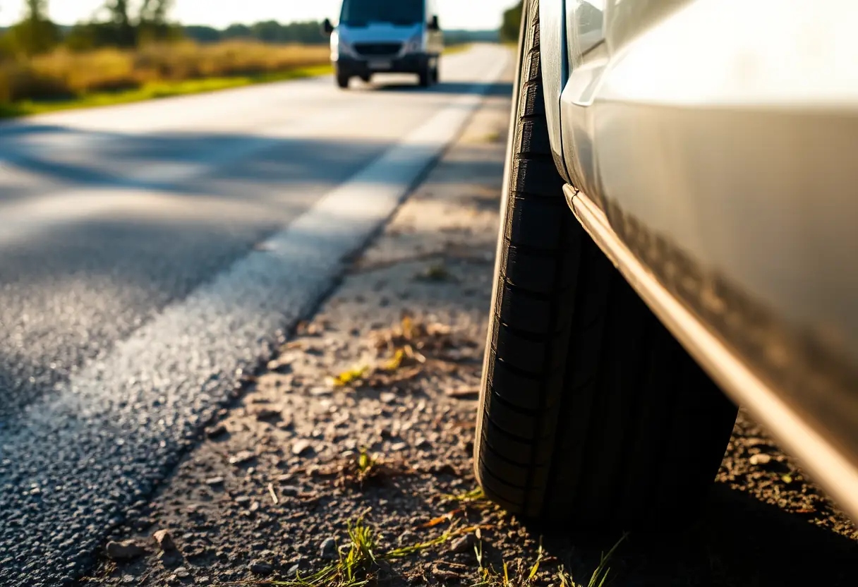 Un pneu de voiture sur le bas-côté d'une route
