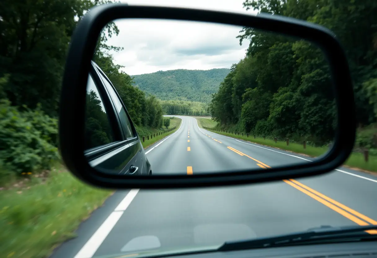 Un miroir arrière d'une voiture reflétant une route sinueuse qui s'étend à perte de vue, entourée de verdure luxuriante