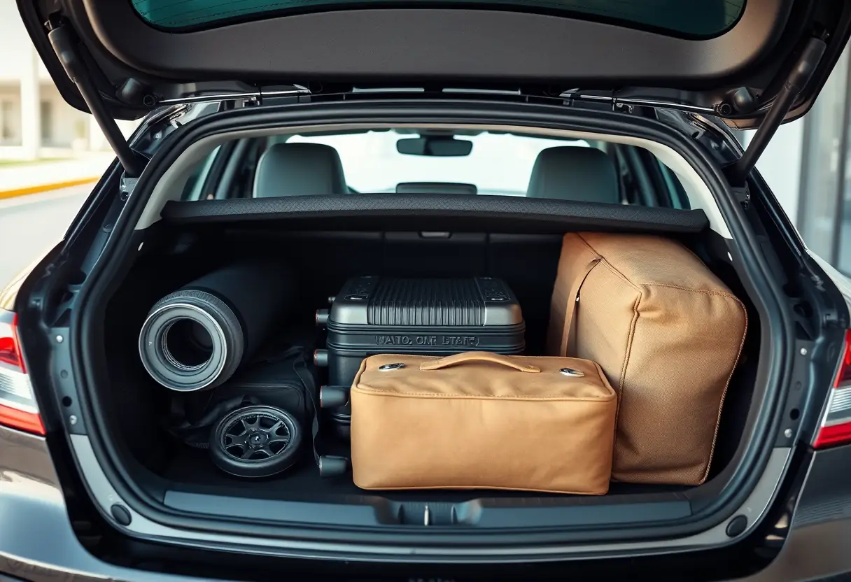 Un coffre de voiture ouvert montrant divers articles de bagages, y compris un tube cylindrique, une valise rectangulaire et un sac souple, tous soigneusement rangés