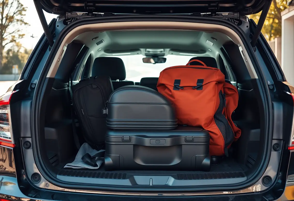 Valises rangées dans le coffre d'une voiture, prêt pour un road trip.