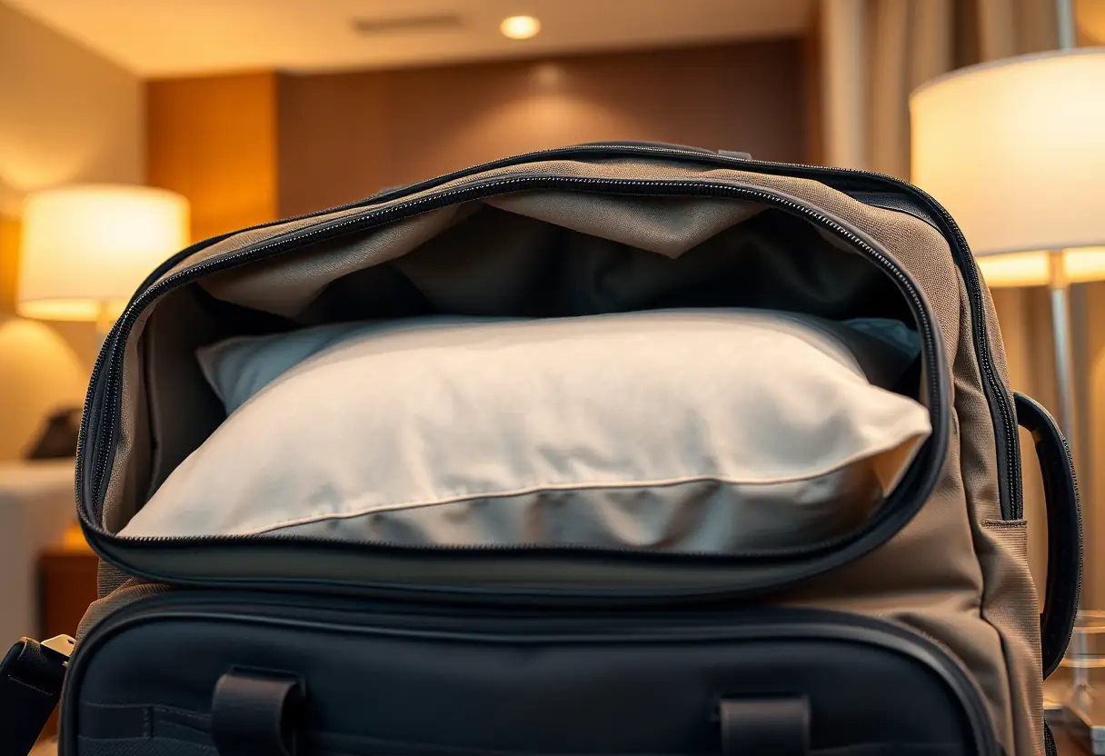 Une valise contenant un coussin de voyage posée sur un bureau d'hôtel