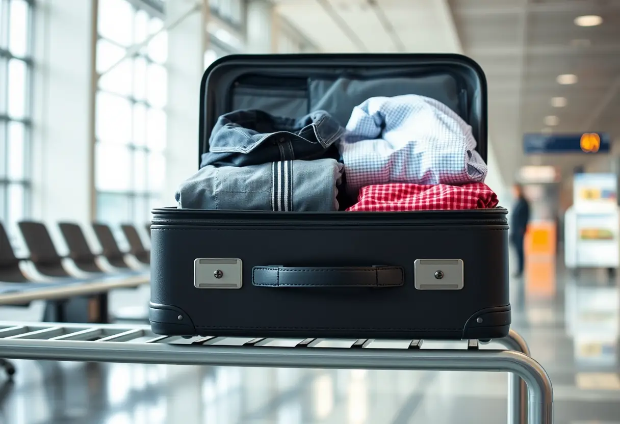Un sac à dos rempli de vêtements pliés soigneusement à l'aéroport