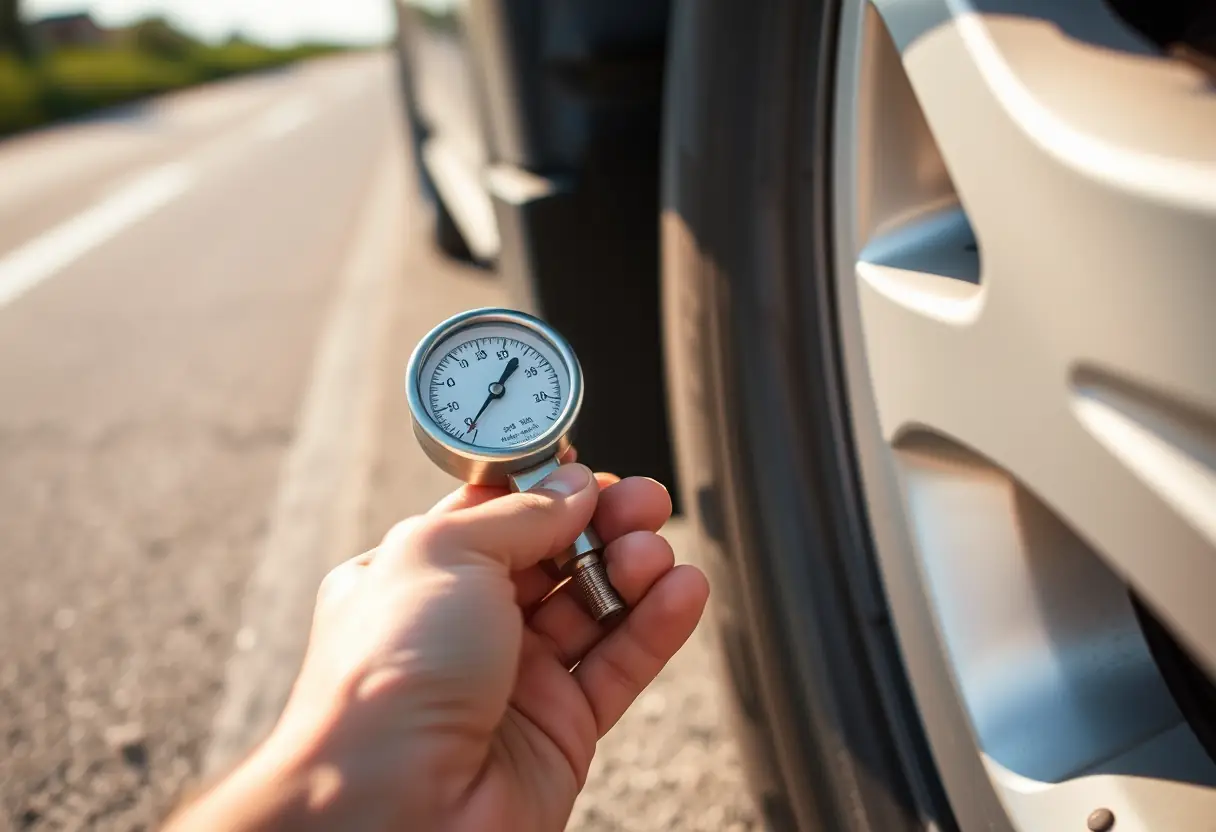 Main tenir un manomètre de pression près d'un pneu lors d'un voyage en voiture