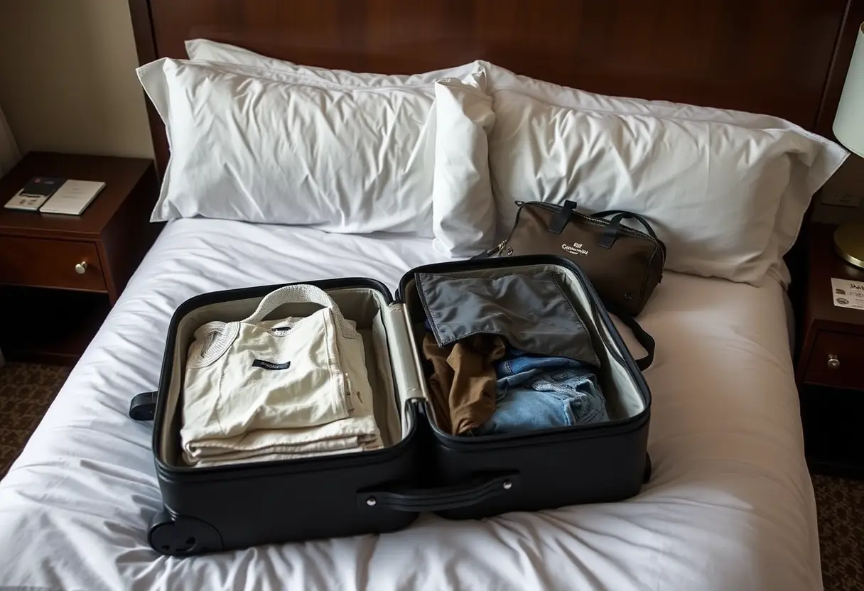 Valise ouverte sur le lit d'un hôtel, contenant des vêtements pliés avec soin
