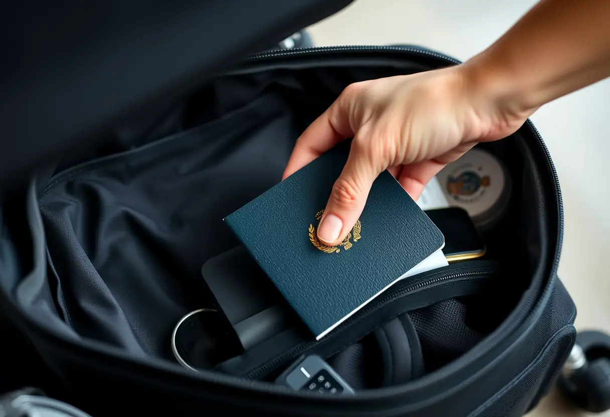 Main tenant un passeport dans une valise, contenant des articles de voyage