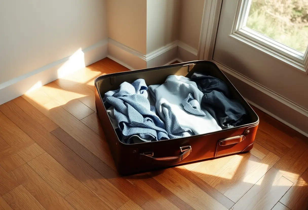 Une valise en cuir ouverte sur un plancher en bois, remplie de vêtements pliés avec soin au Japon