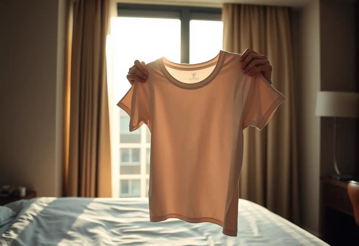 Des mains qui replient soigneusement un t-shirt dans une chambre d'hôtel au lever du soleil au Japon