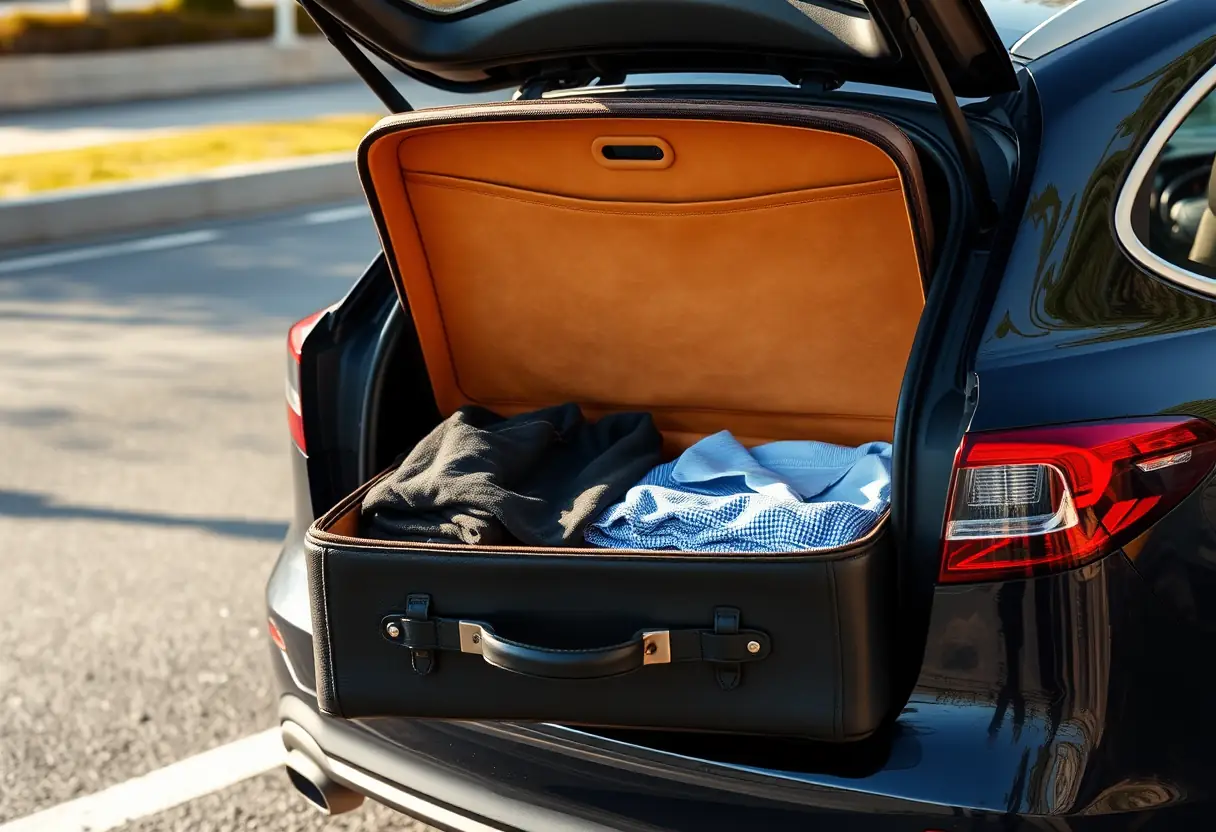 Un valise en cuir noir ouverte sur le coffre d'une voiture