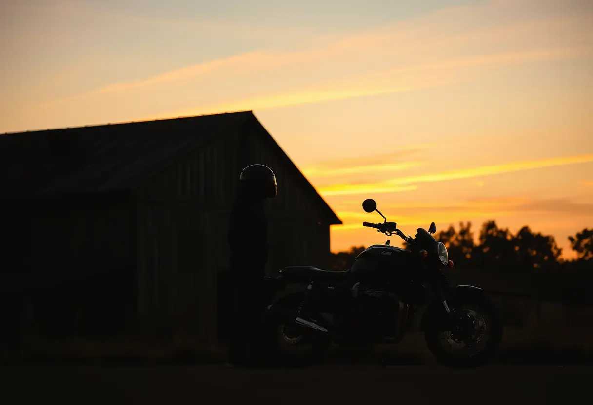 Silhouette de motard près de sa moto à côté d'une grange rustique