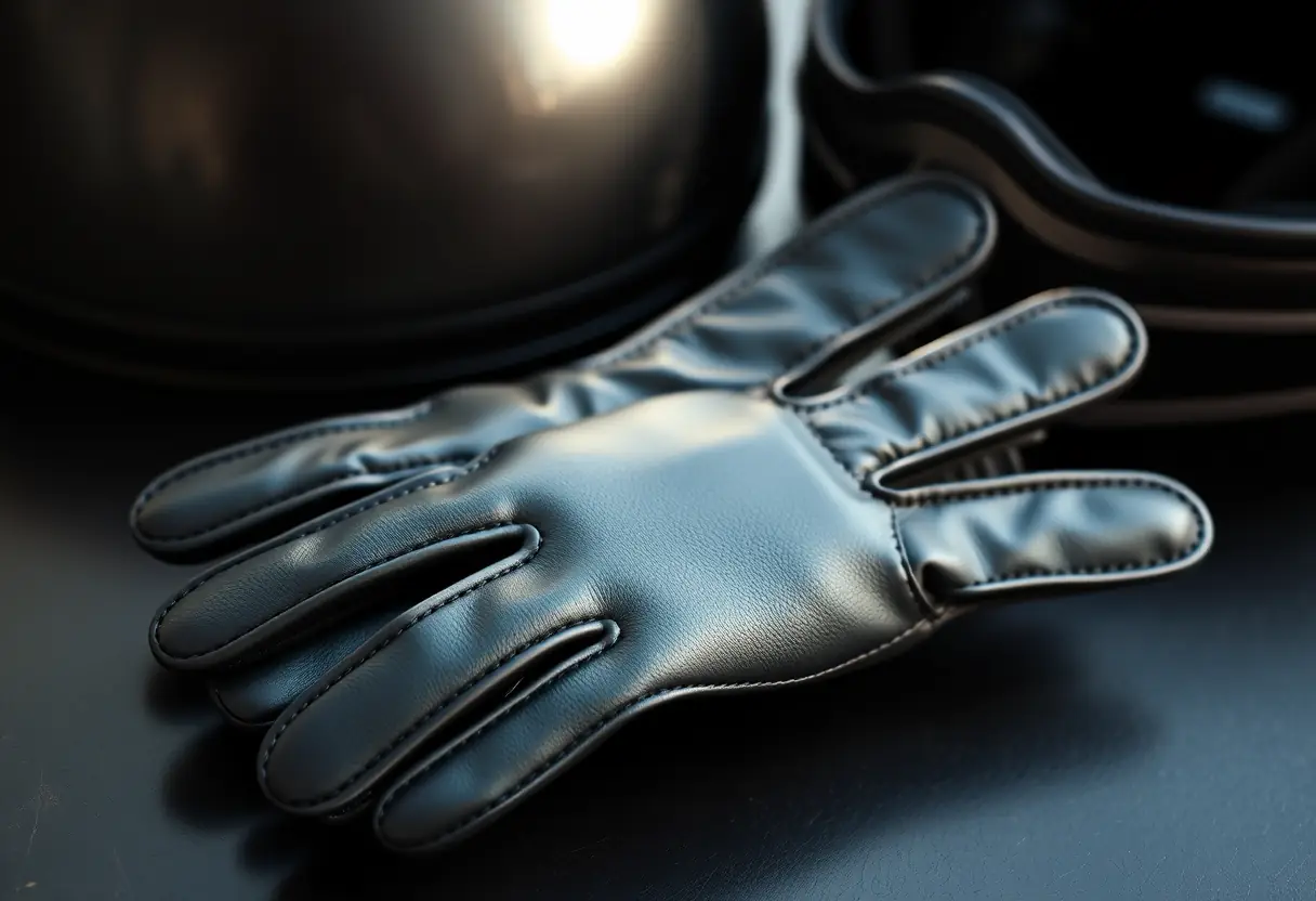 Des gants noirs en cuir près d'un casque
