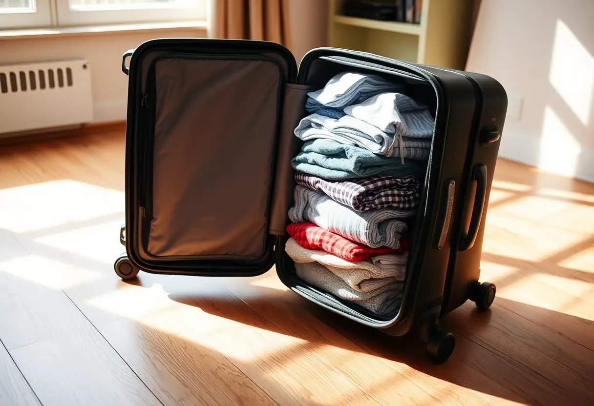 Un grand sac à roulettes ouvert, contenant des vêtements pliés, prêt pour le voyage vers le Japon.