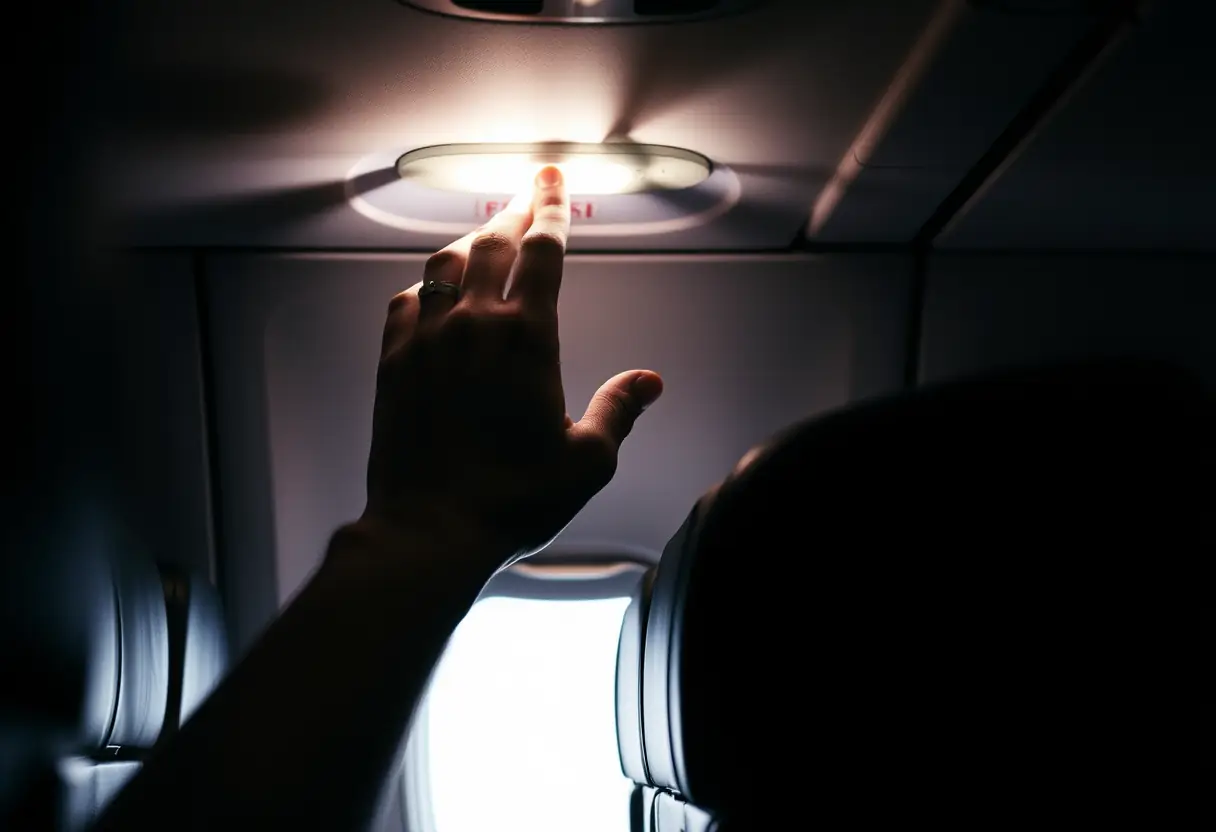 Une main ajuste la lumière au-dessus de la tête dans un avion en partance pour le Japon