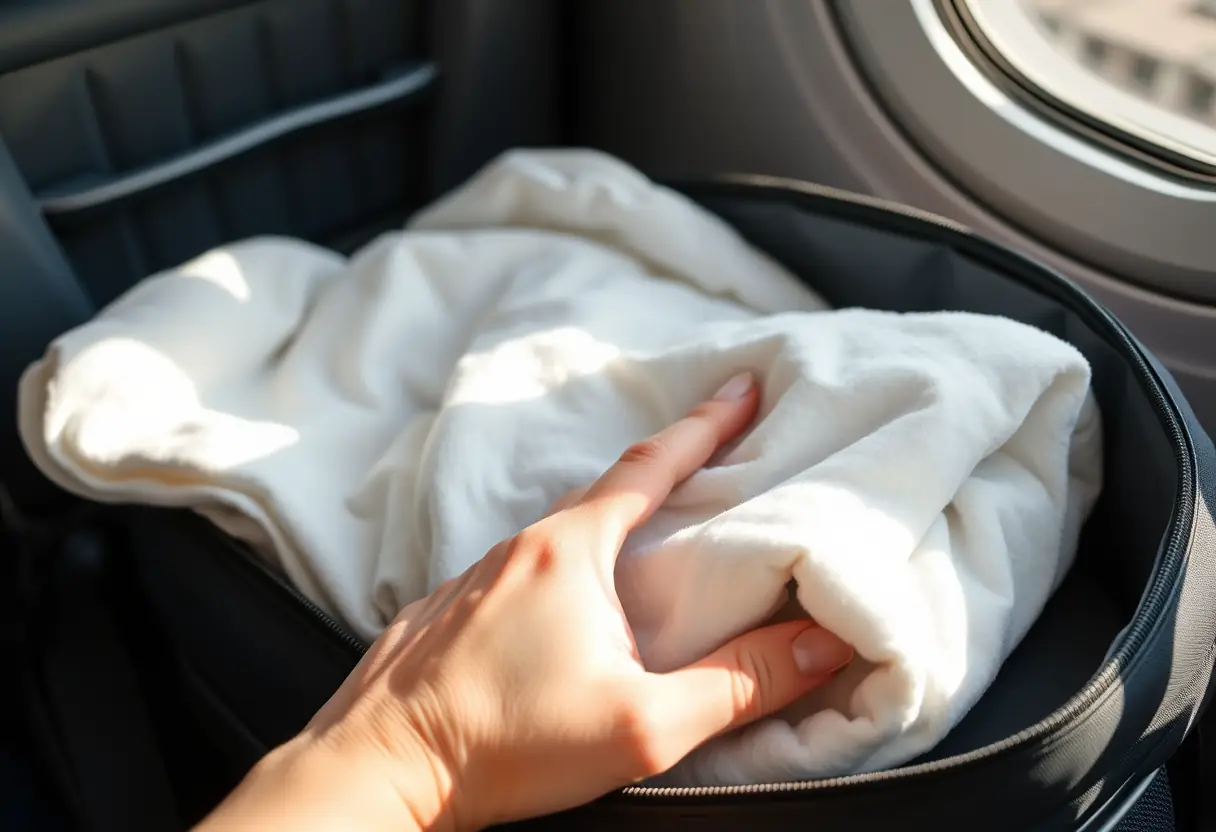 Une main tenant un couvert douillet plié dans une valise pour la maternité