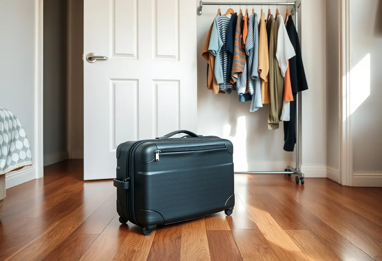 Une valise prête posée dans une chambre, près de cintres avec des vêtements pour la maternité