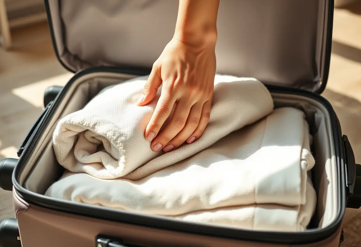 Main: Un drap de bain plié dans une valise de maternité.
