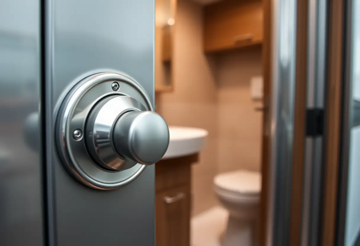 Une poignée de porte menant à la salle de bains du camping-car