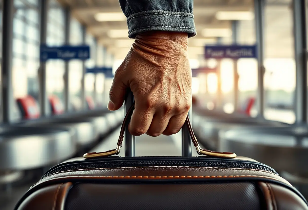 Mains d'ouvrière tenant le manche en cuir d'une valise dans un aéroport