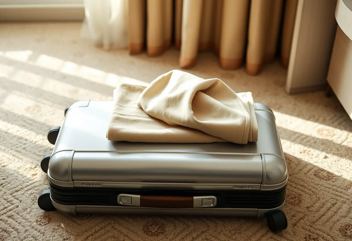 Tissu plié posé sur une valise fermée dans une chambre d'hôtel