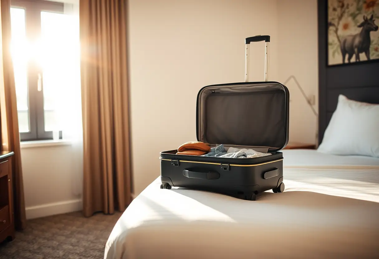 Une valise ouverte sur un lit d'hôtel révélant des vêtements soigneusement pliés