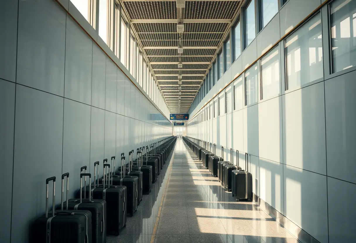 Un couloir d'aéroport rempli de valises posées le long des murs