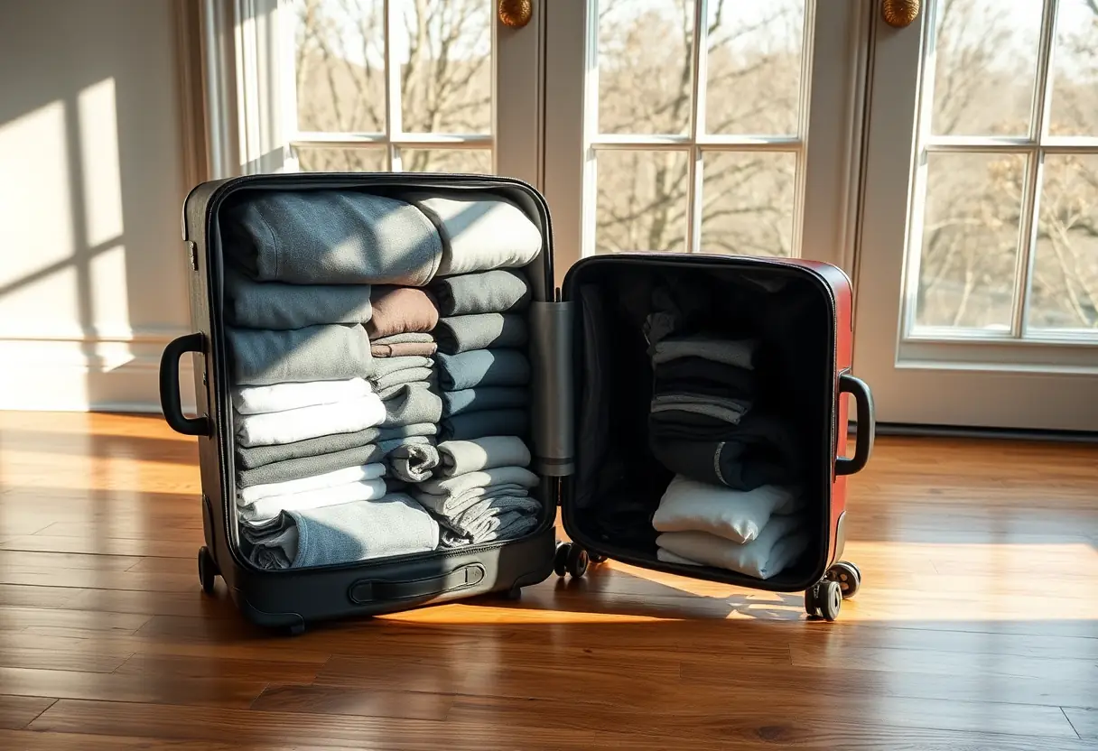 Un sac à dos ouvert sur un plancher en bois avec des vêtements pliés.