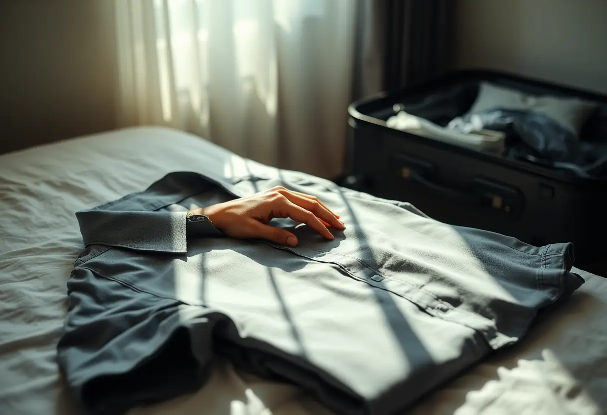 Une main lisser une ride sur un vêtement posé sur un lit près d'un sac.