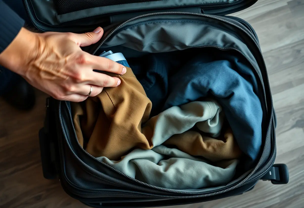 Une main ferme la fermeture d'une valise ronde organisée