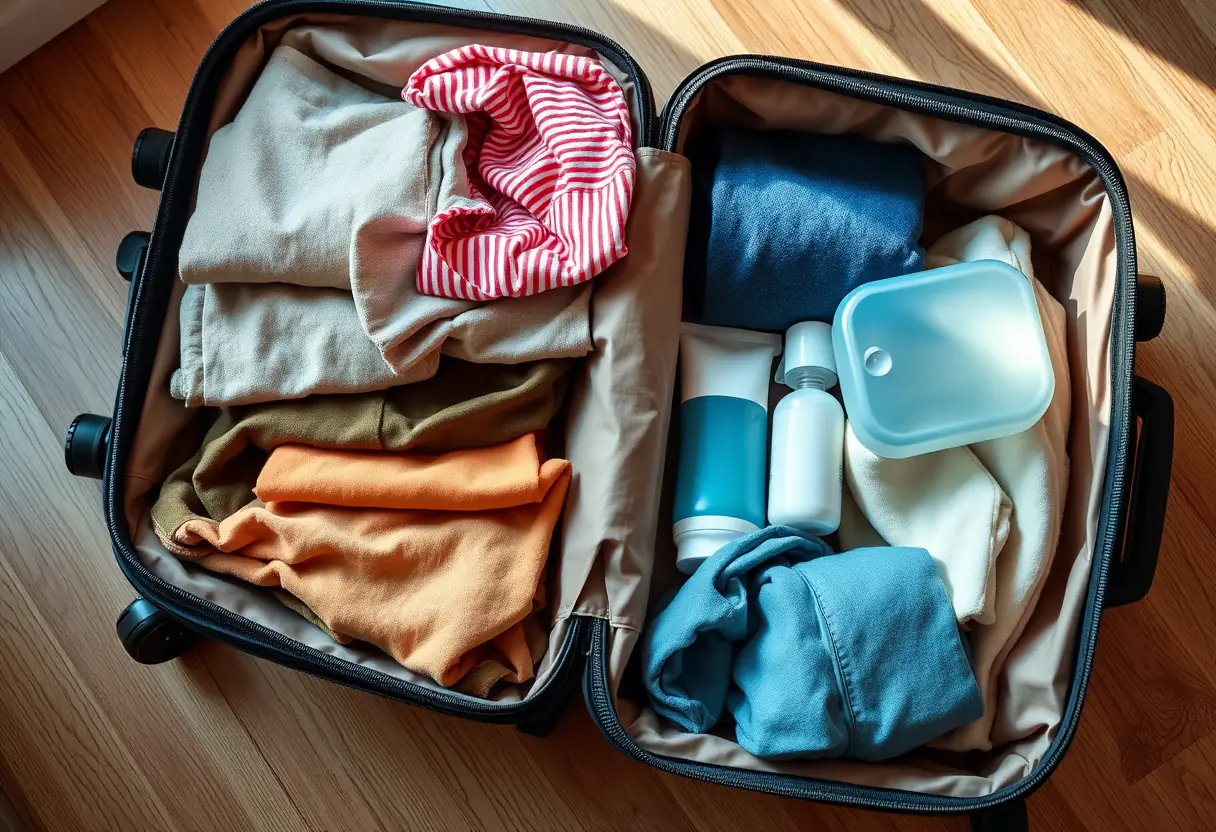 Un sac à dos ouvert montrant des vêtements pliés et des produits de toilette organisés