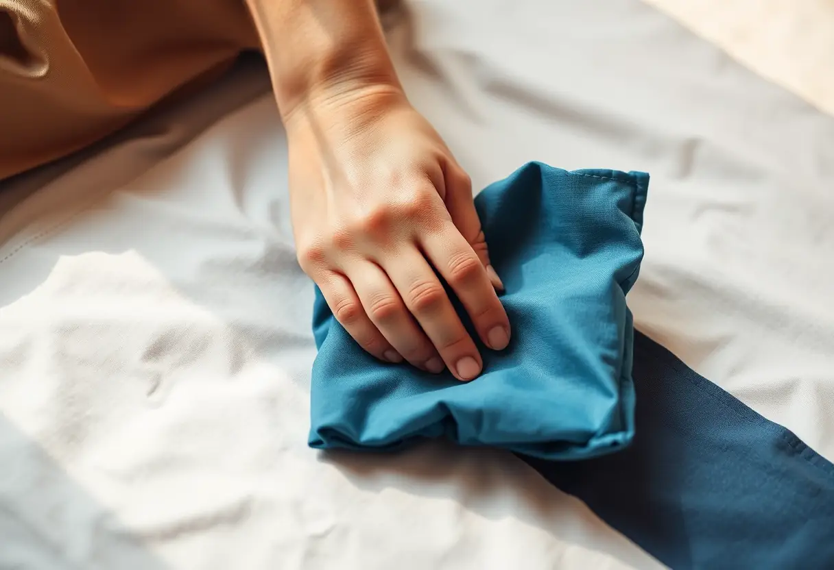 Une main plie soigneusement un morceau de tissu, illustrant l’art du rangement efficace.