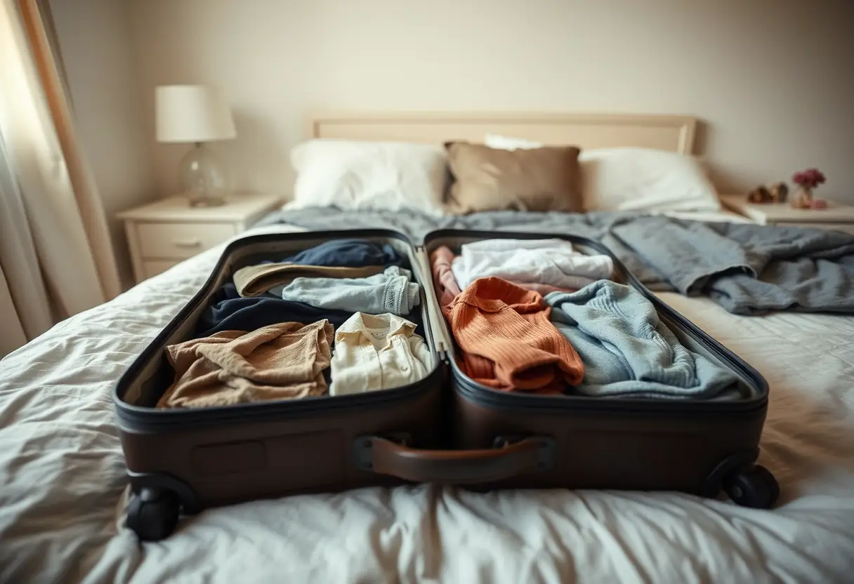 Un sac à dos ouvert dans une chambre, révélant des vêtements bien rangés, illustre l’utilisation optimale de l’espace.