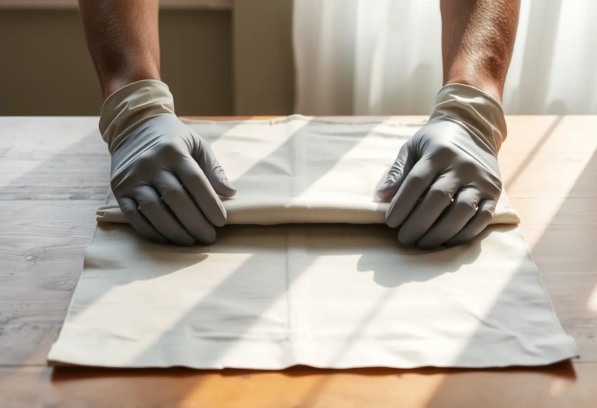 Un carré de tissu plié soigneusement sur une table, mains gantées ajustent les plis