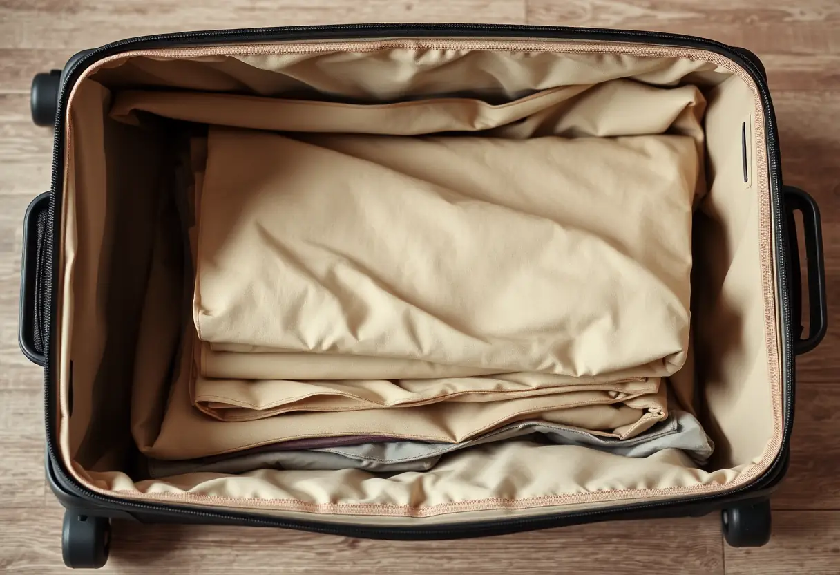 Une valise partiellement remplie avec un rectangle bien plié posé sur plusieurs couches