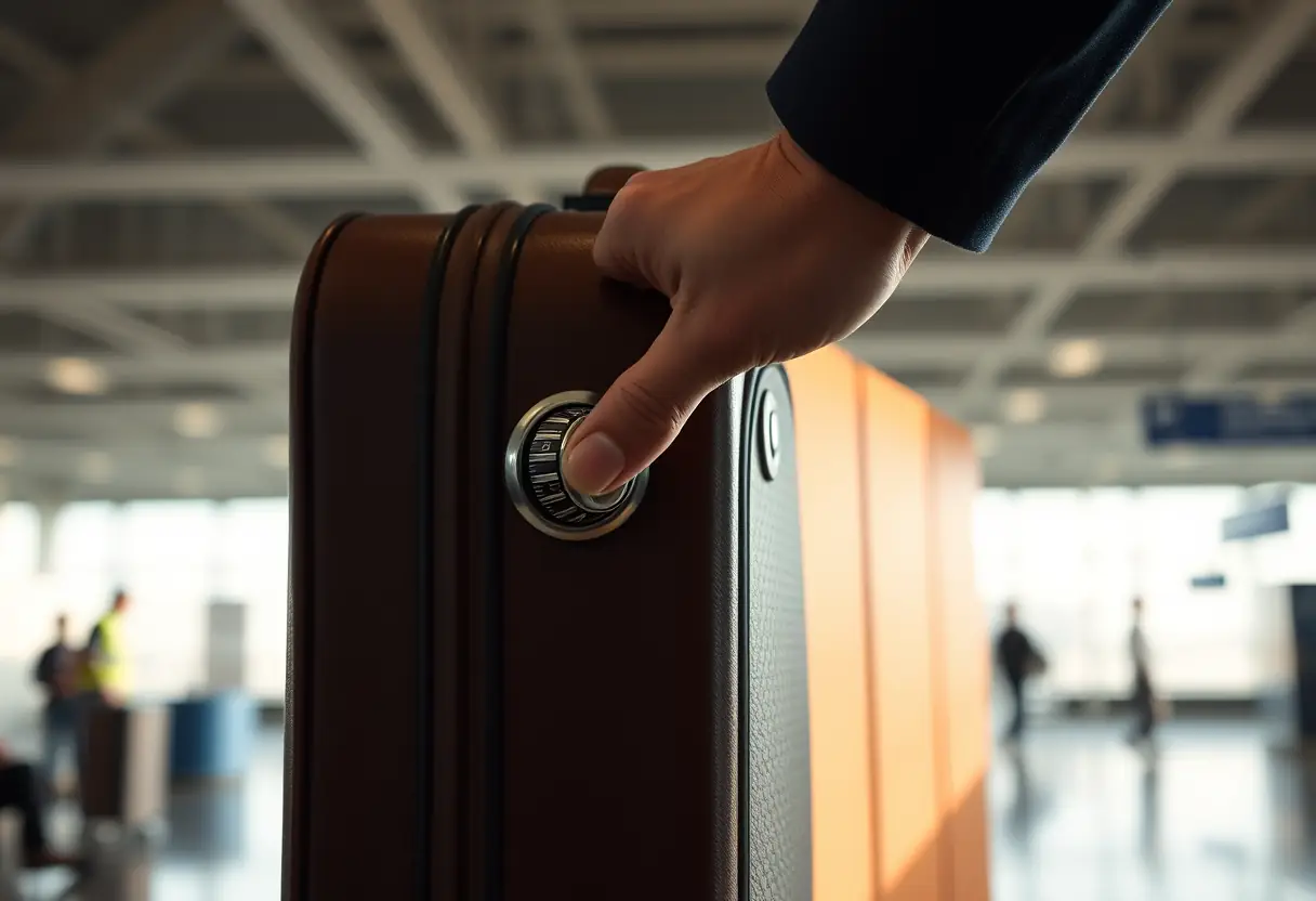 Une main tournant le cadran d'une valise en cuir avec cadenas combinatoire dans un terminal d'aéroport