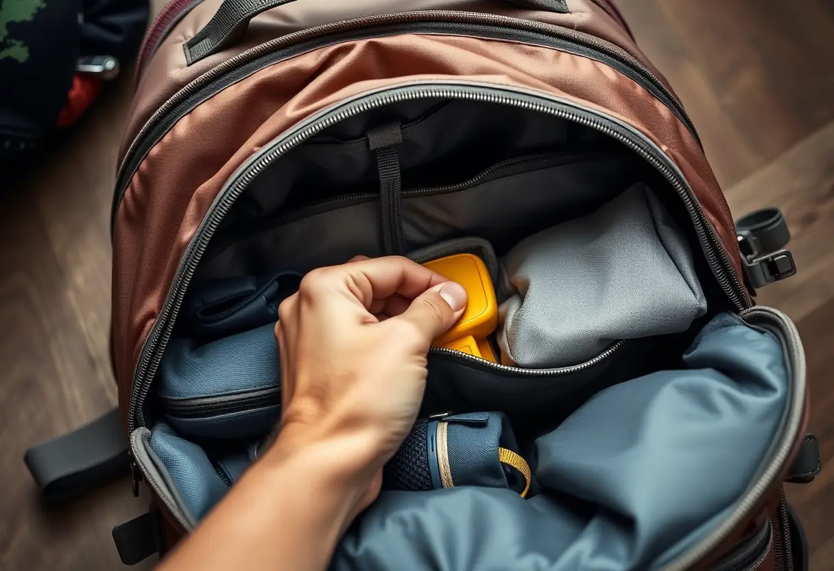 Main compartiment d'un sac à dos de voyage bien rangé