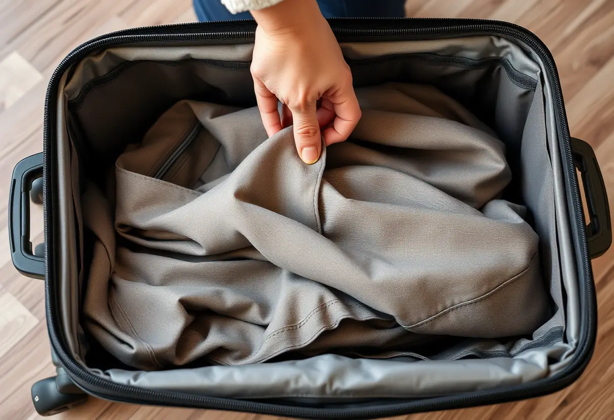 Une main glissant une tenue dans une valise rigide, technique de rangement optimisée