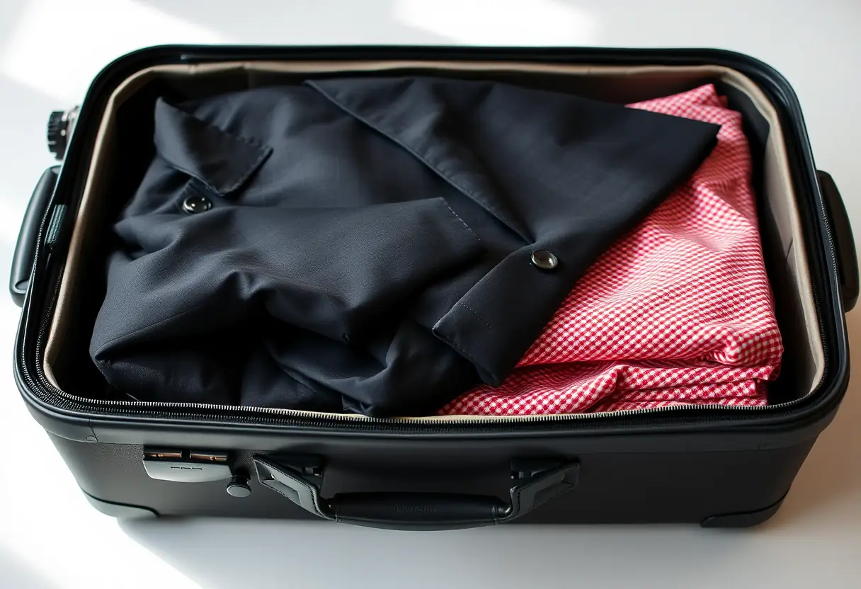 Un veston sombre soigneusement placé sur des vêtements de cérémonie pliés dans une valise rigide