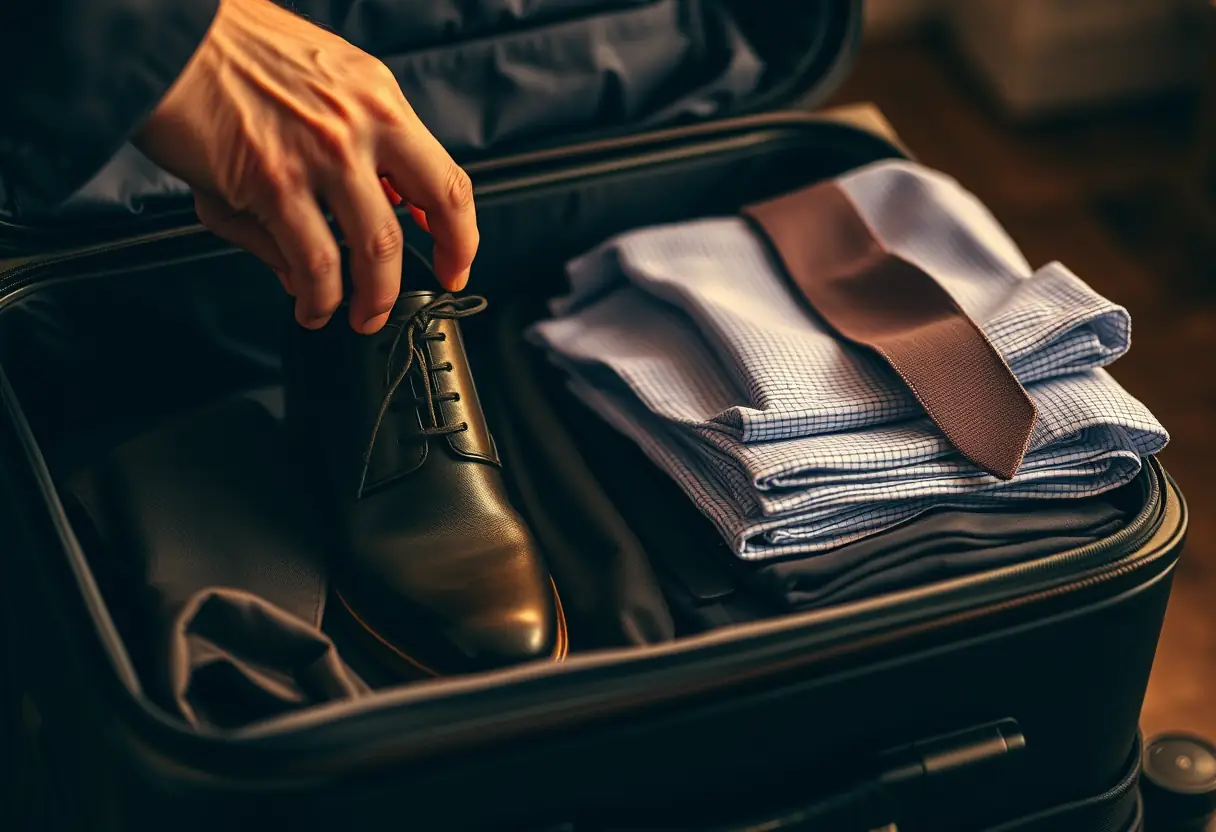 Des chaussures de ville posées dans une valise rigide avec des chemises et des pantalons pliés