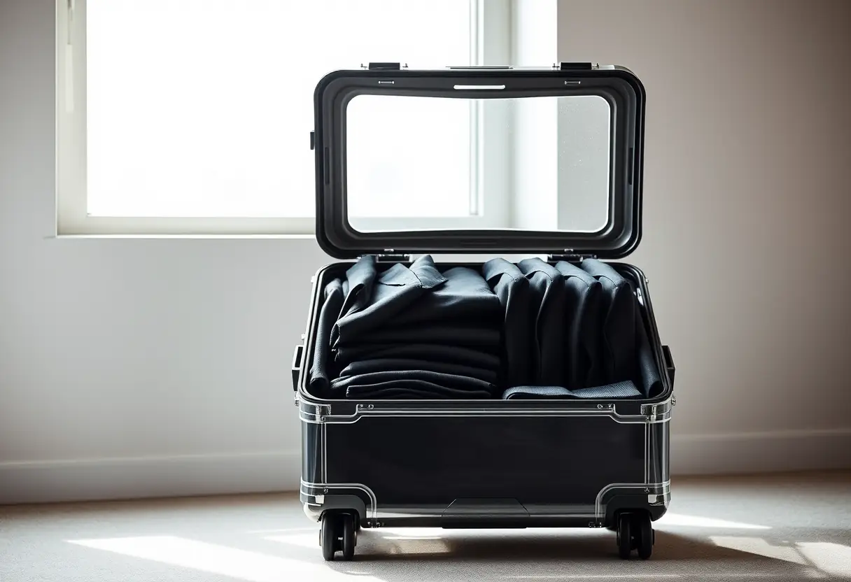 Une valise en polycarbonate pleine de costumes soigneusement pliés, éclairée par la lumière naturelle