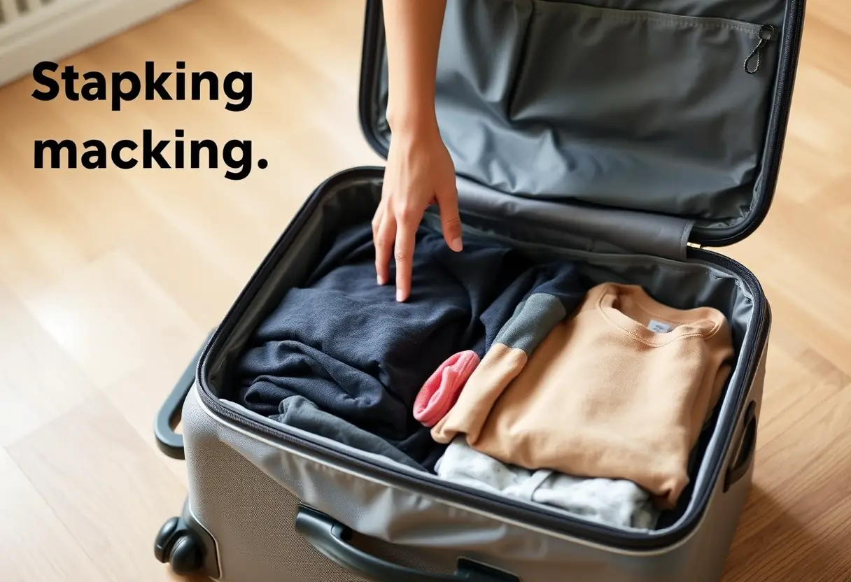 Un sac de voyage en polyester partiellement rempli avec des vêtements soigneusement pliés