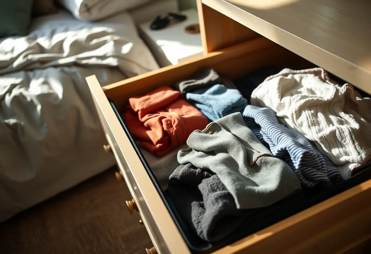 Une commode ouverte montrant des vêtements pliés prêts à être rangés dans un sac de voyage