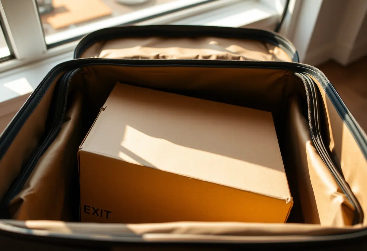 Une boîte en carton dans une valise rigide, offrant une protection supplémentaire