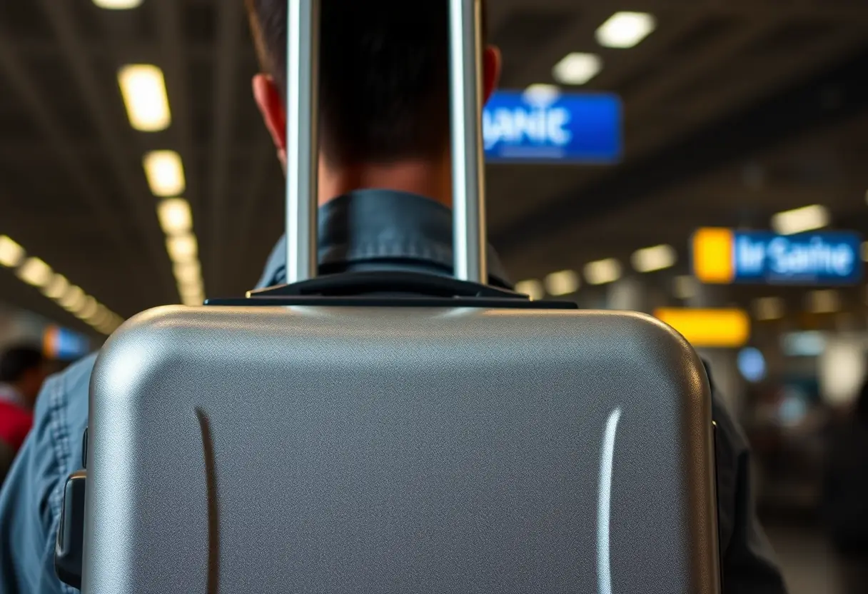 Une valise rigide gravement rayée inspectée dans un aéroport