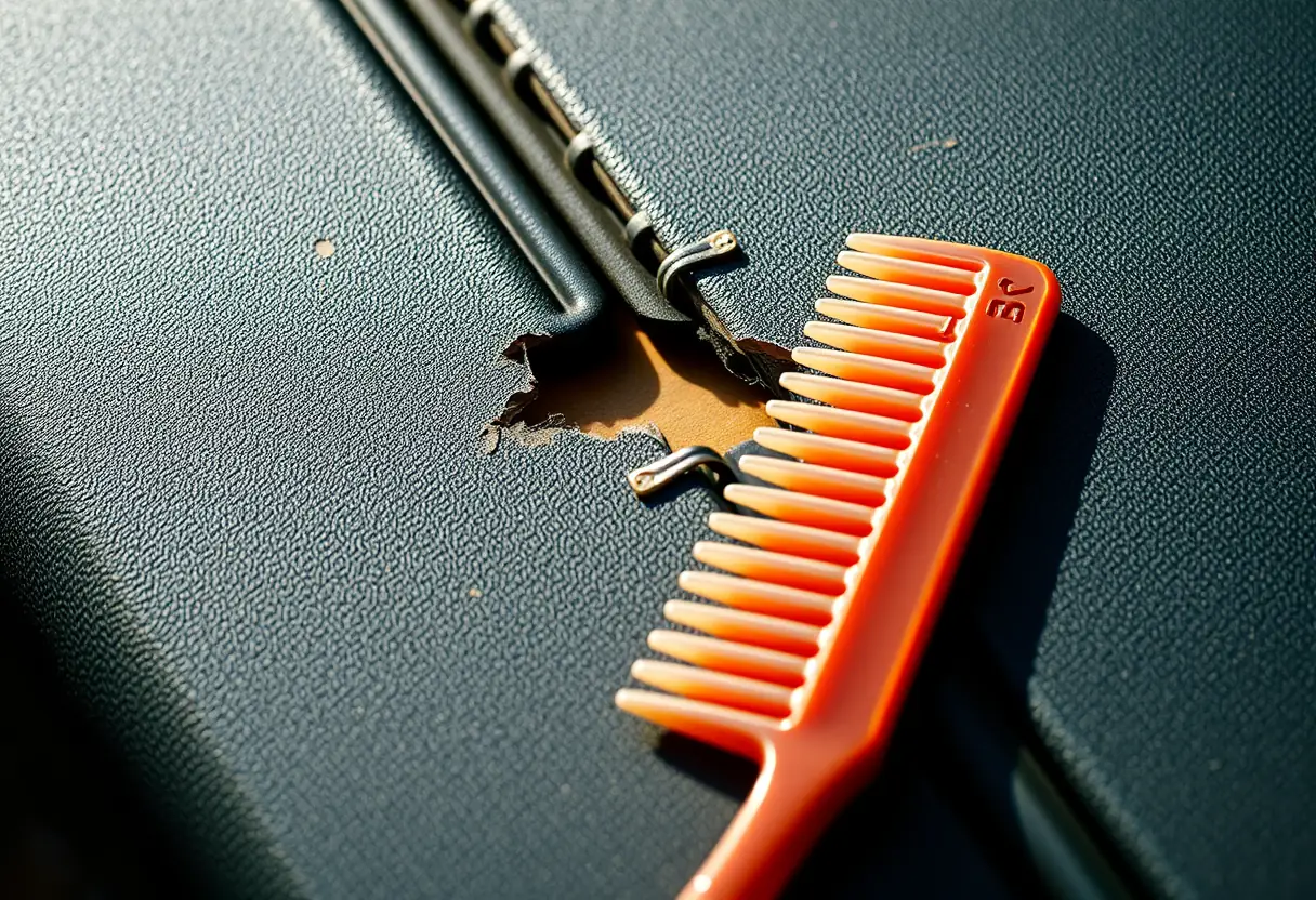 Brosse en plastique à côté d'une valise fendue
