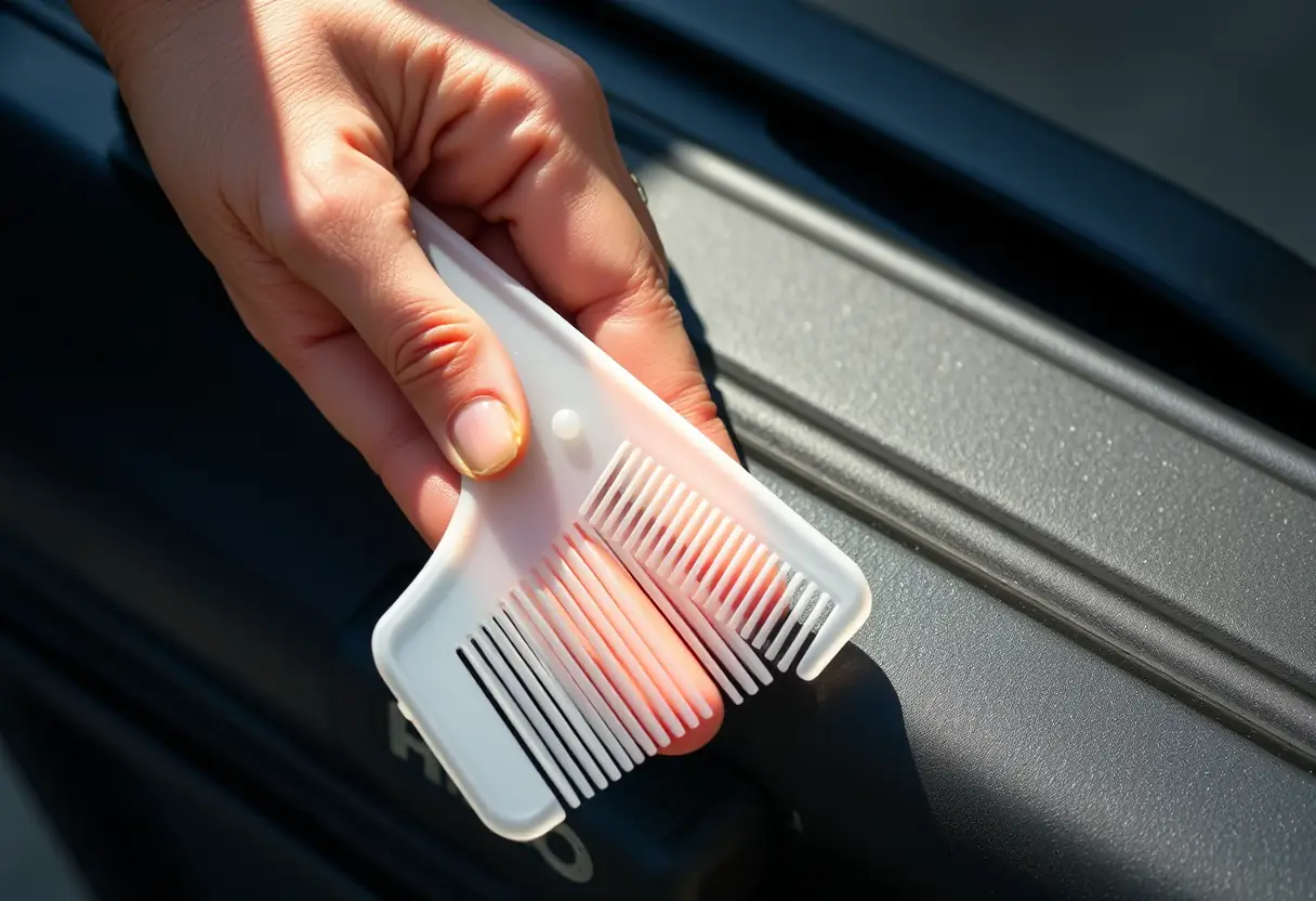 Une main tenant un peigne en plastique près d'une valise abîmée avec une fente visible