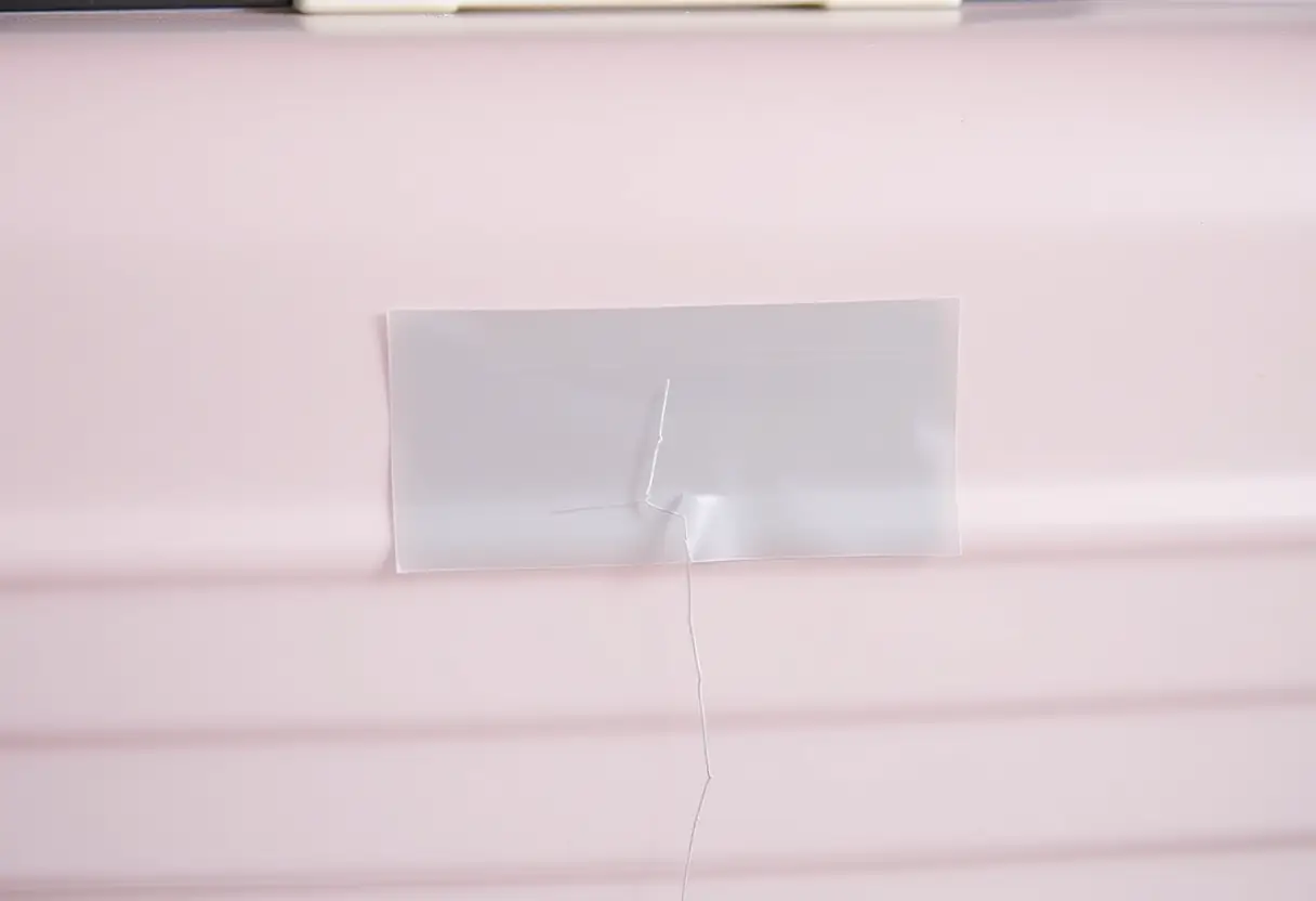 Un morceau de ruban adhésif transparent appliqué sur une fente d'une valise en polycarbonate