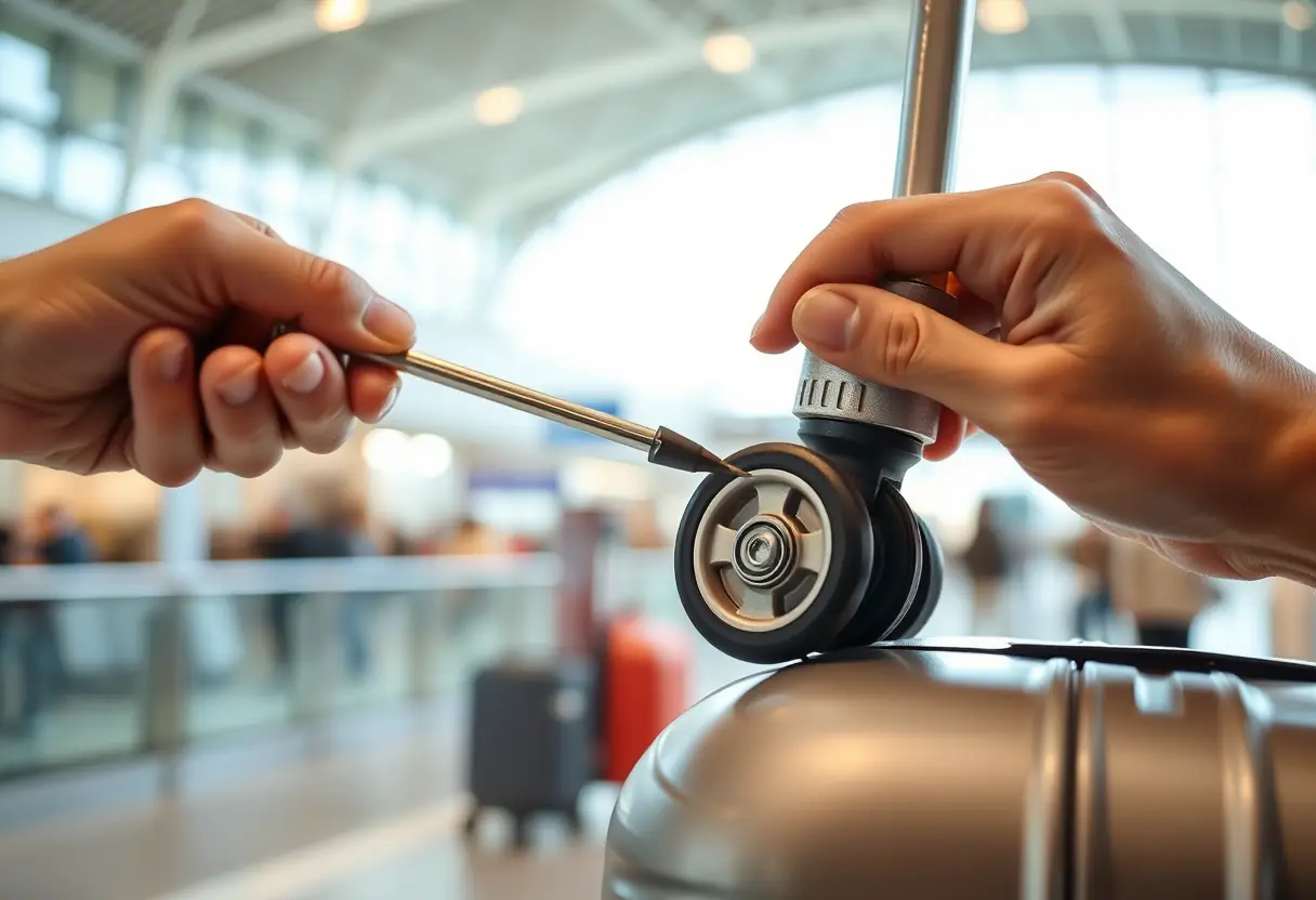 Main tenant une visseuse pour resserrer une vis sur une roue de valise endommagée, au milieu d'un terminal d'aéroport animé