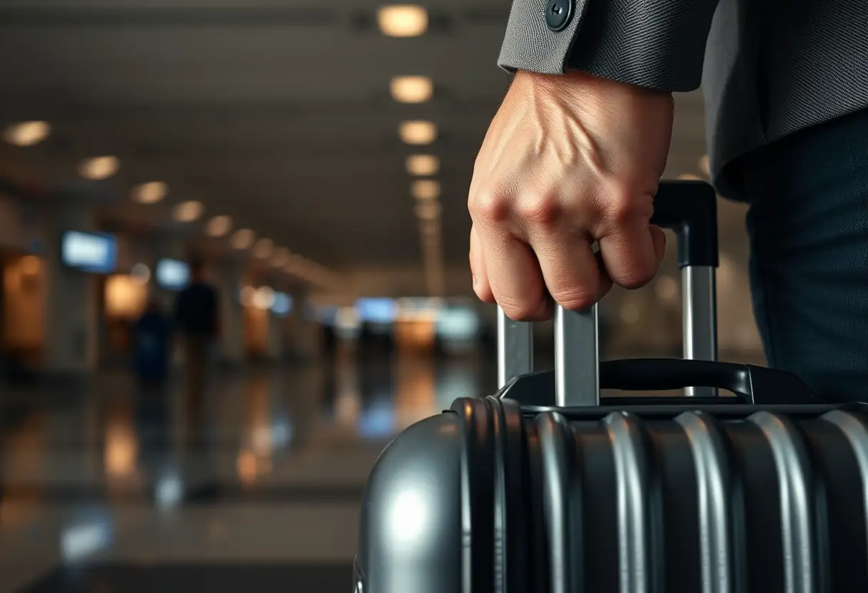 Main d'un voyageur tenant une poignée métallique sur une valise en polycarbonate