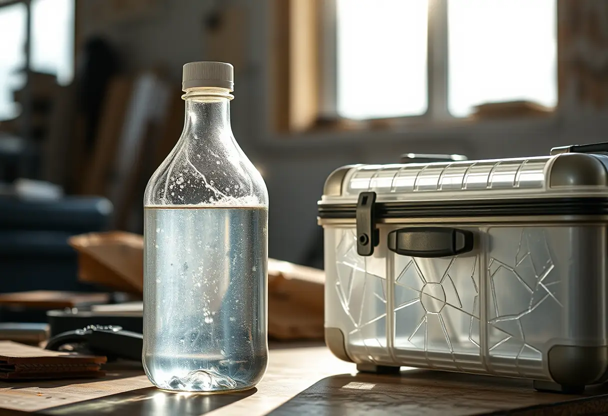 Bouteille de résine époxy près d'une valise en polycarbonate avec une fissure