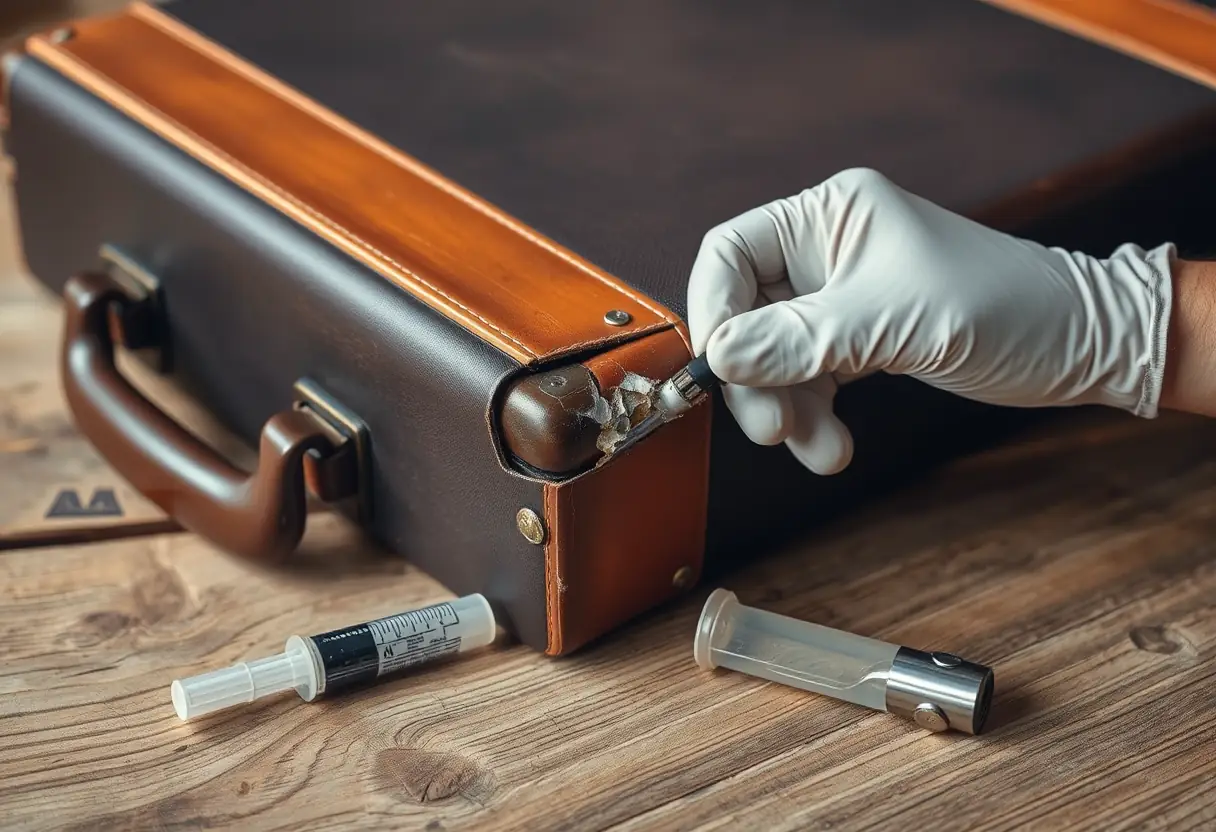 Valise abîmée avec un coin fendu sur une table, seringue à côté, main gantée en train de réparer