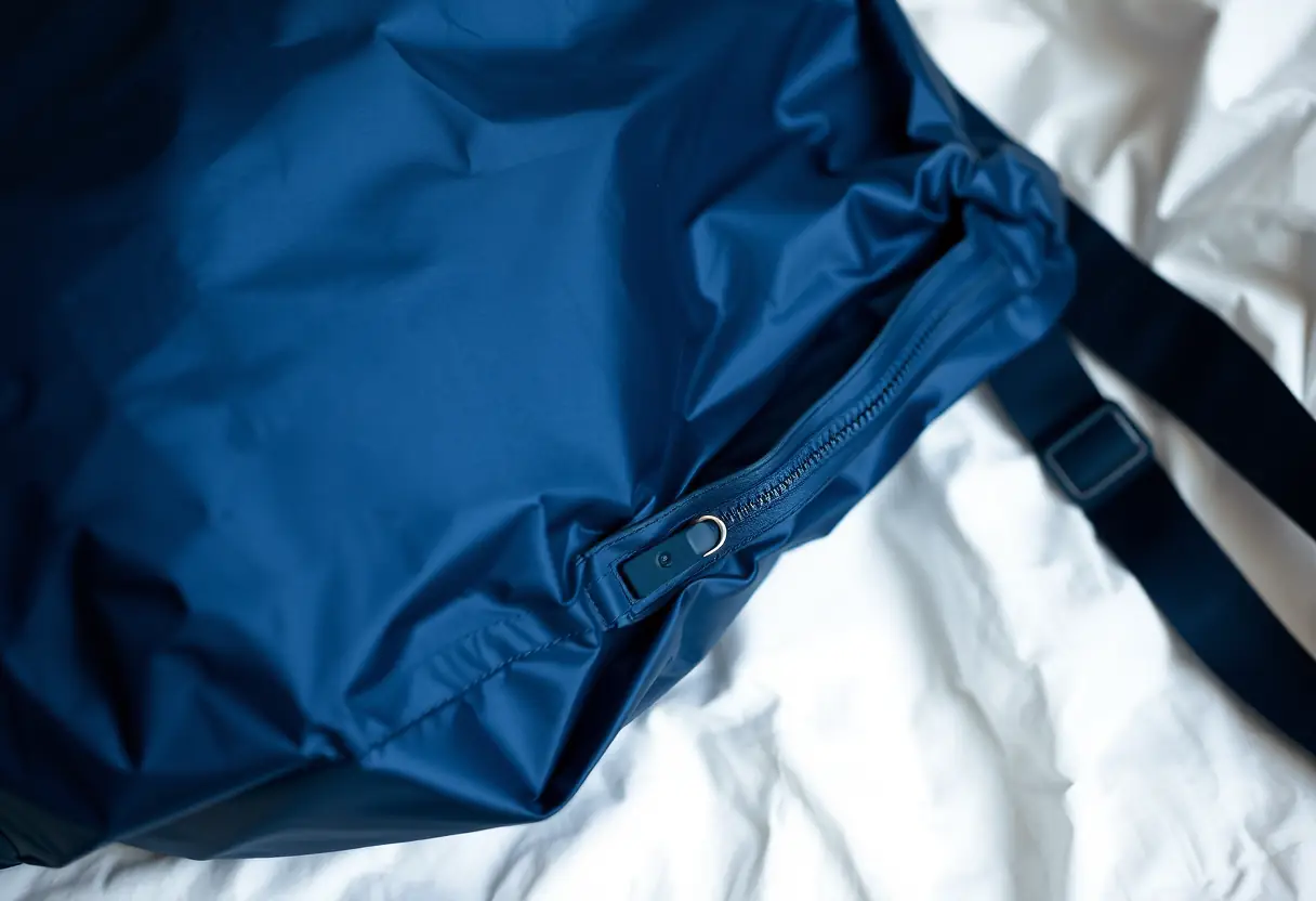 Un sac en nylon posé sur un linge blanc, montrant une tache d'encre atténuée près d'un zip.